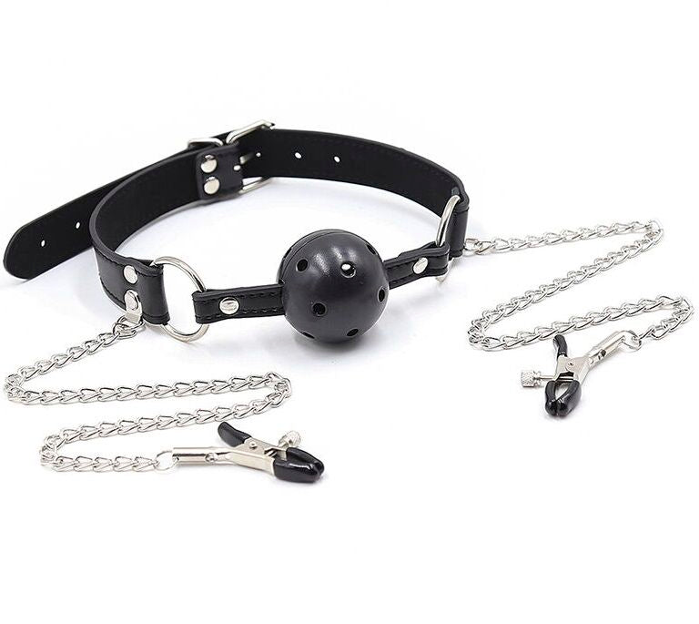 OHMAMA FETISH - BALL GAG AVEC ÉVENTS ET PINCES TÉLÉNOLS